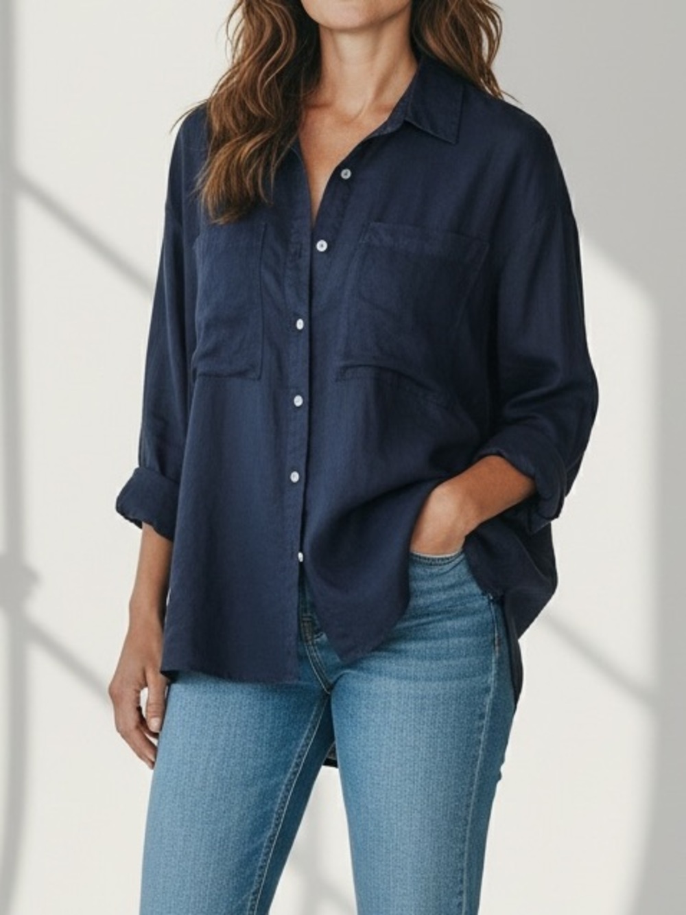 Magaschoni 100% Linen Button‎ Up Shirt Navy Medium